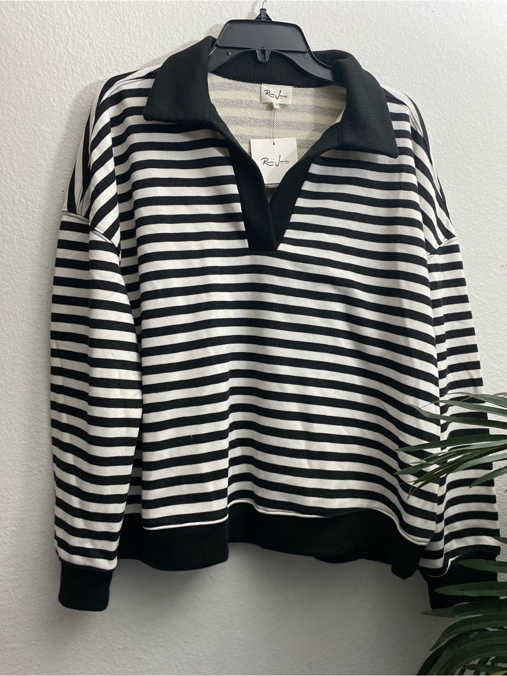 Black and White Striped Collared Sweater